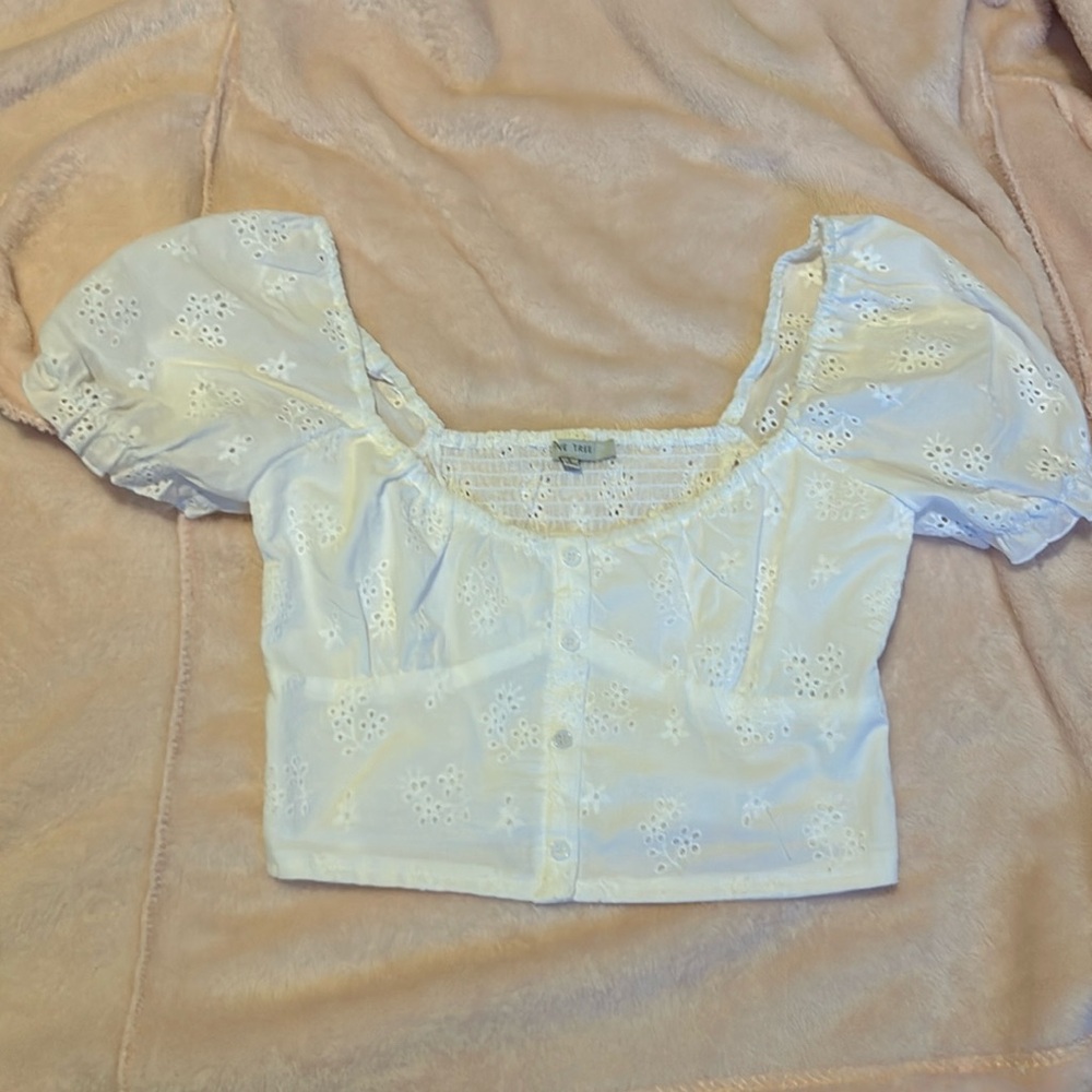 White Cropped Blouse with Eyelet Design